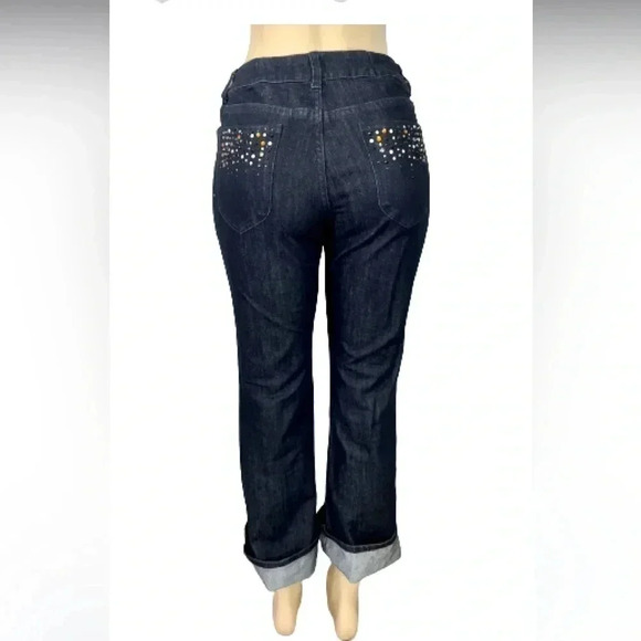 Chicos Blue Denim Jeans flair Cropped Platinum sequin jeweled Pockets - Picture 7 of 15